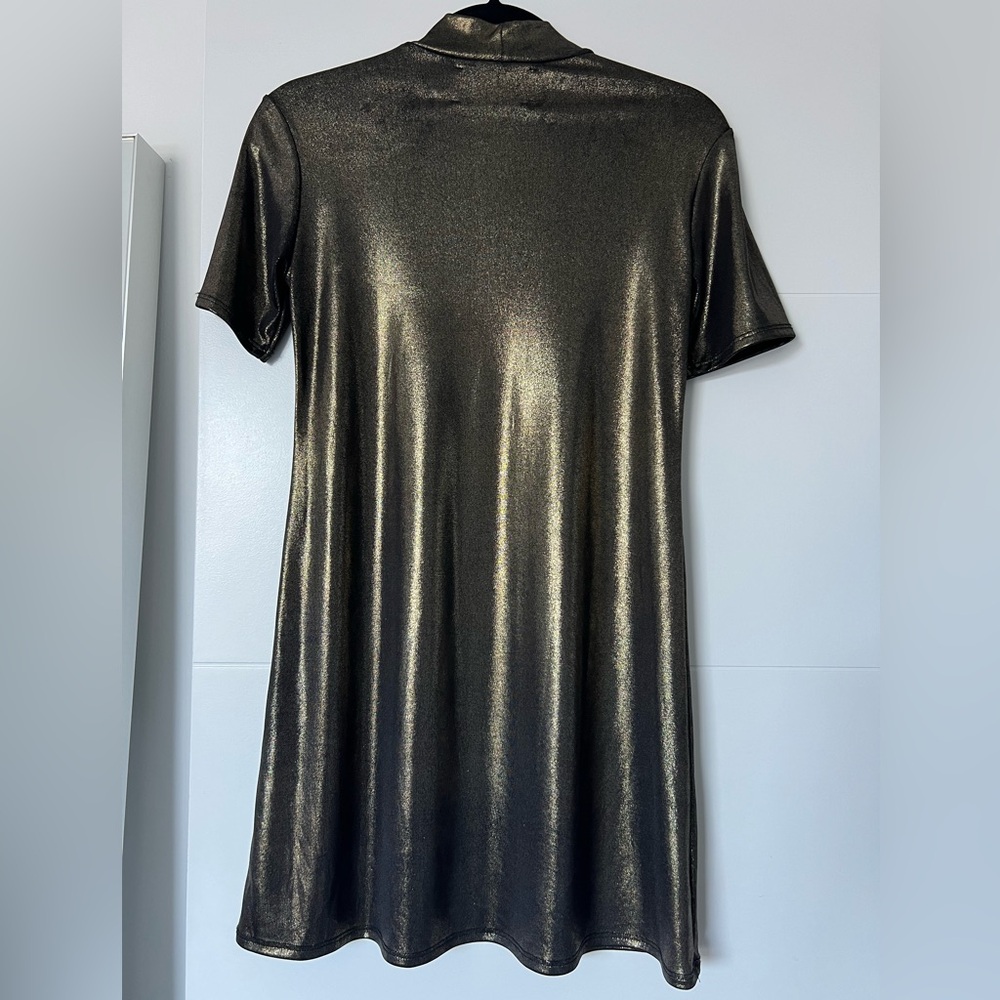 Reformation Gold Sparkle Short Sleeve Mock Neck Slinky Mini Party Dress - Picture 2 of 3